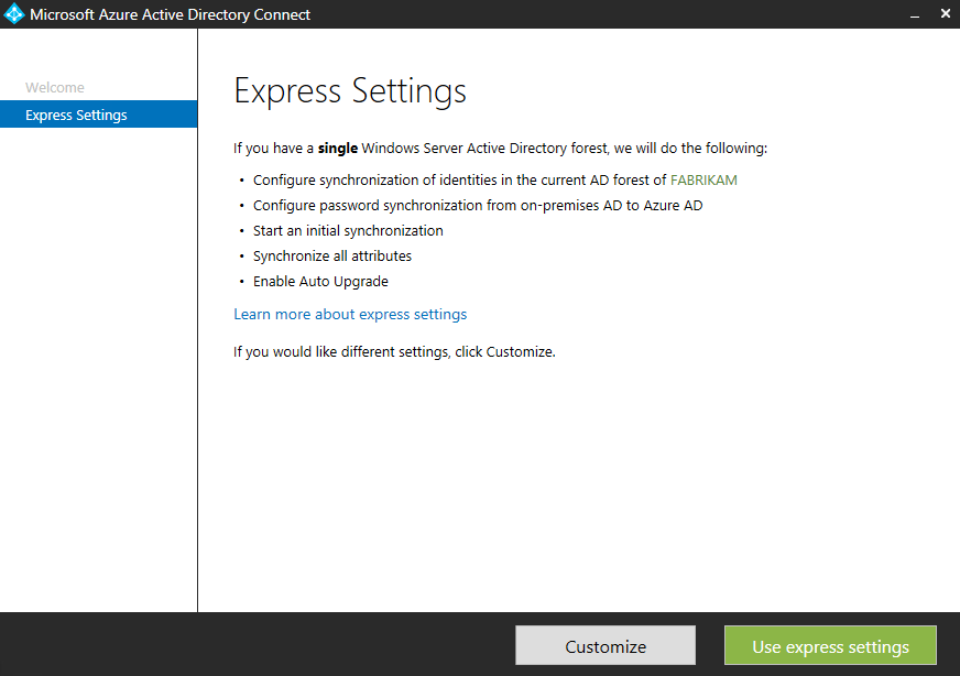 Screenshot that shows the Express settings screen and the Use express settings button.