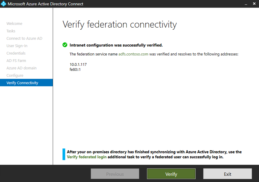 Screenshot that shows the Verify federation connectivity dialog and the Verify button.
