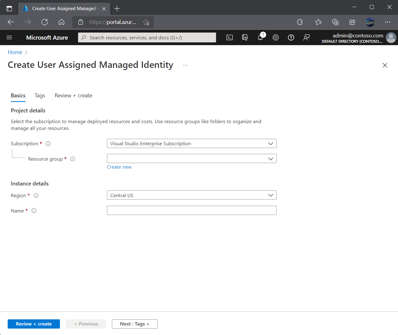 Screenshot, der den Bereich „Benutzerseitig zugewiesene verwaltete Identität erstellen“ zeigt.