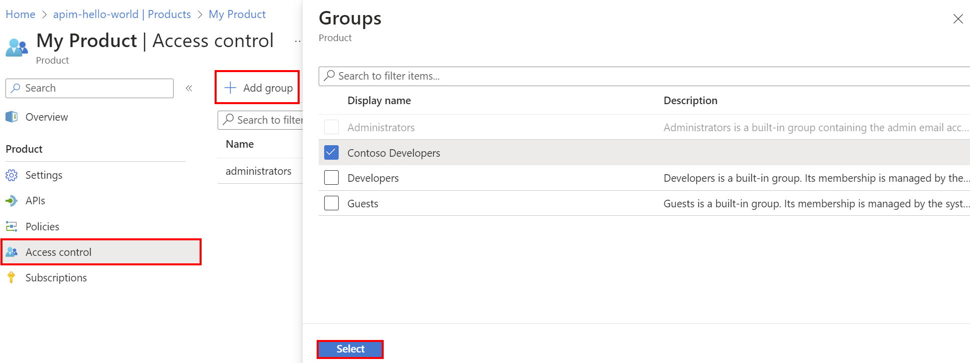Screenshot des Hinzufügens einer Gruppe zu einem Produkt im Portal.