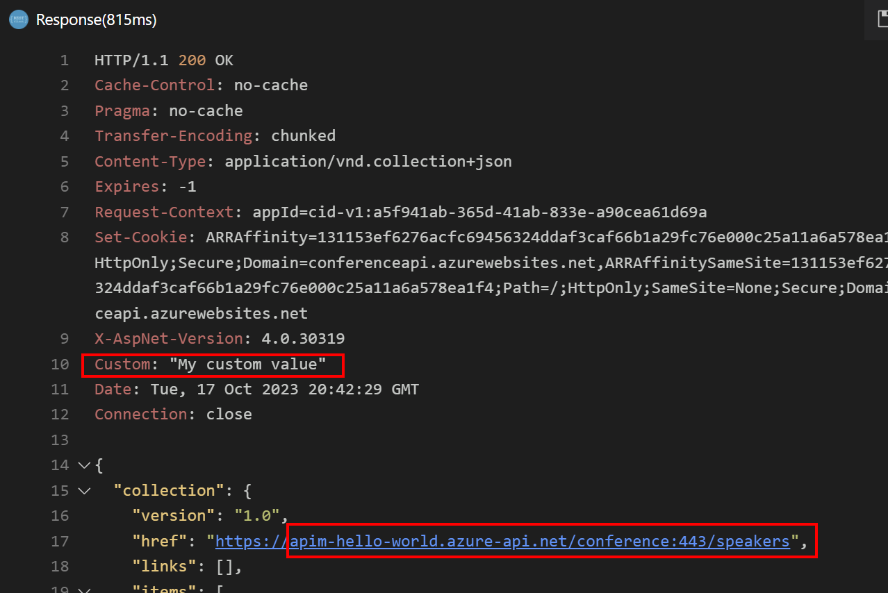 Screenshot der API-Testantwort in Visual Studio Code.