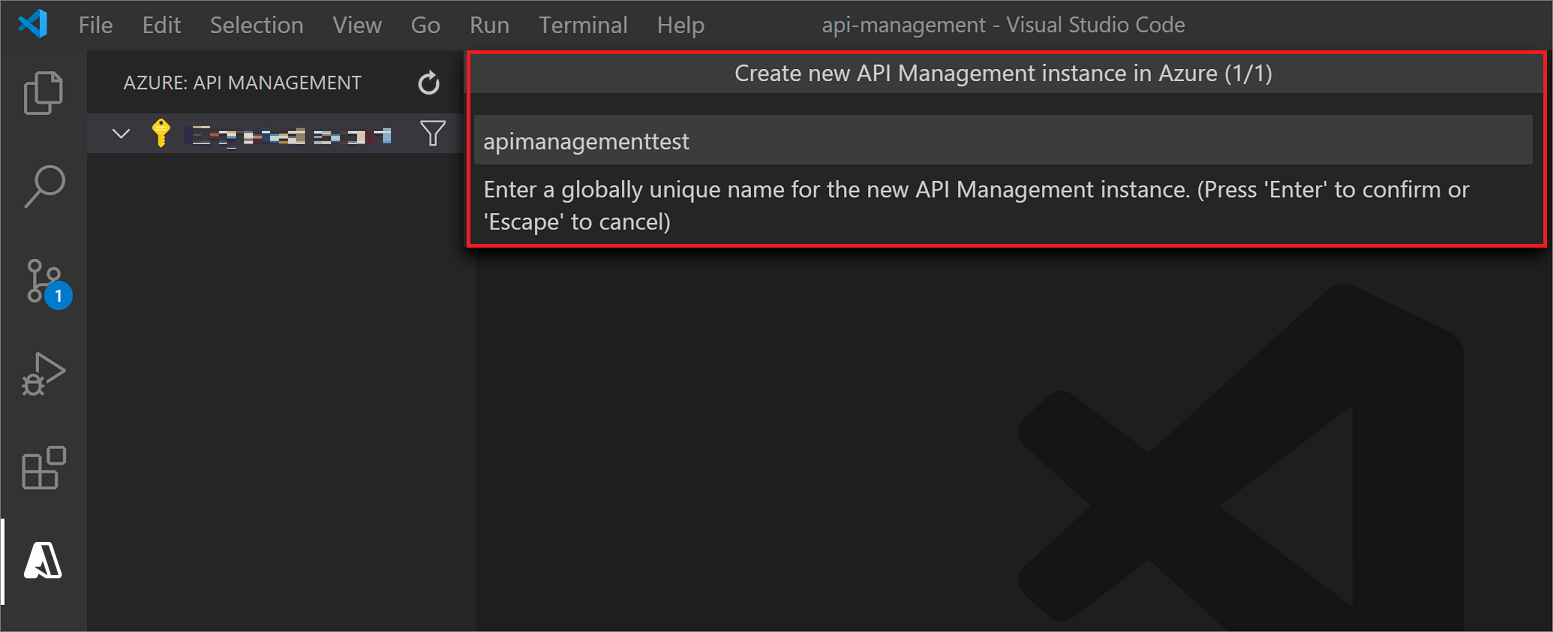 Assistent zum Erstellen einer API Management-Instanz in Visual Studio Code