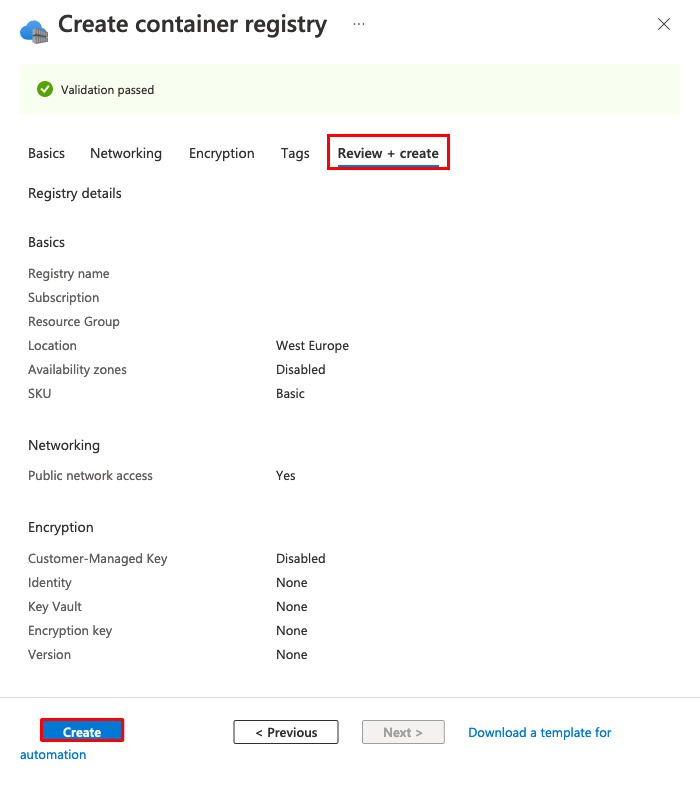 Screenshot: Abschließen der Erstellung einer Containerregistrierung im Erstellungs-Assistenten.