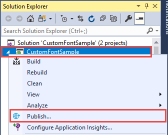 Screenshot: Projektmappen-Explorer mit dem ausgewählten Projekt „CustomFontSample“ und der ausgewählten Option „Veröffentlichen“