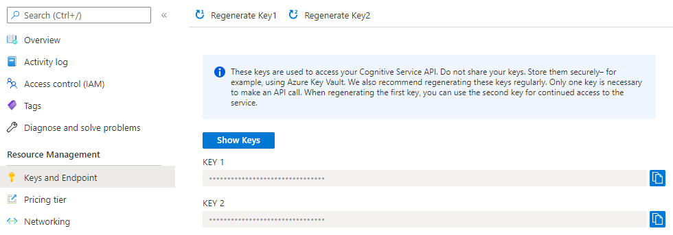 Screenshot of the Azure portal showing an Immersive Reader resource with the Keys and Endpoint section selected, which shows the Regenerate Keys buttons at the top.