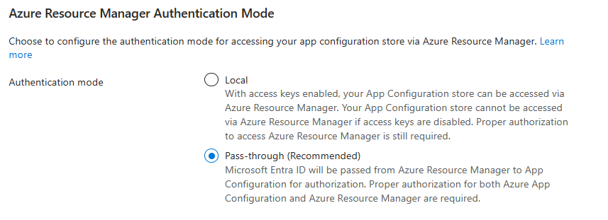 Screenshot: Auswählen des Modus „Passthrough-Authentifizierung“ unter „Azure Resource Manager-Authentifizierungsmodus“