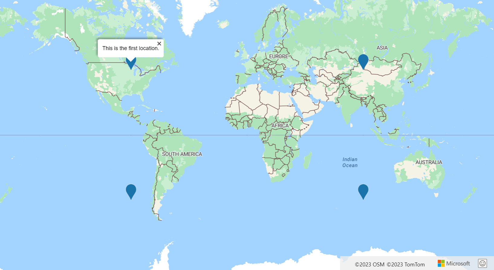 Screenshot einer Karte mit Popups, auf die zugegriffen werden kann.