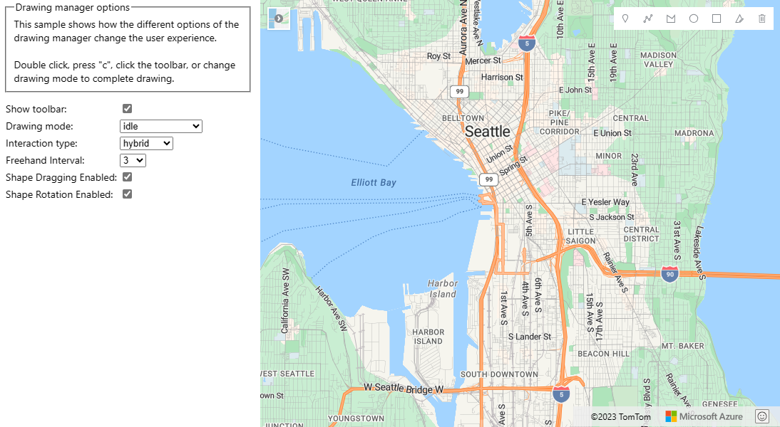 Screenshot einer Karte von Seattle mit einem Feld auf der linken Seite, das die Optionen der DrawingManager-Klasse enthält, die ausgewählt werden können, damit sichtbar wird, wie sie sich auf die Karte auswirken.