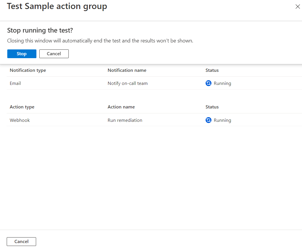 Screenshot: Aktionsgruppenseite „Testbeispiel“ mit einem Dialogfeld, das eine Stopp-Schaltfläche enthält und den Benutzer fragt, ob der Test beendet werden soll