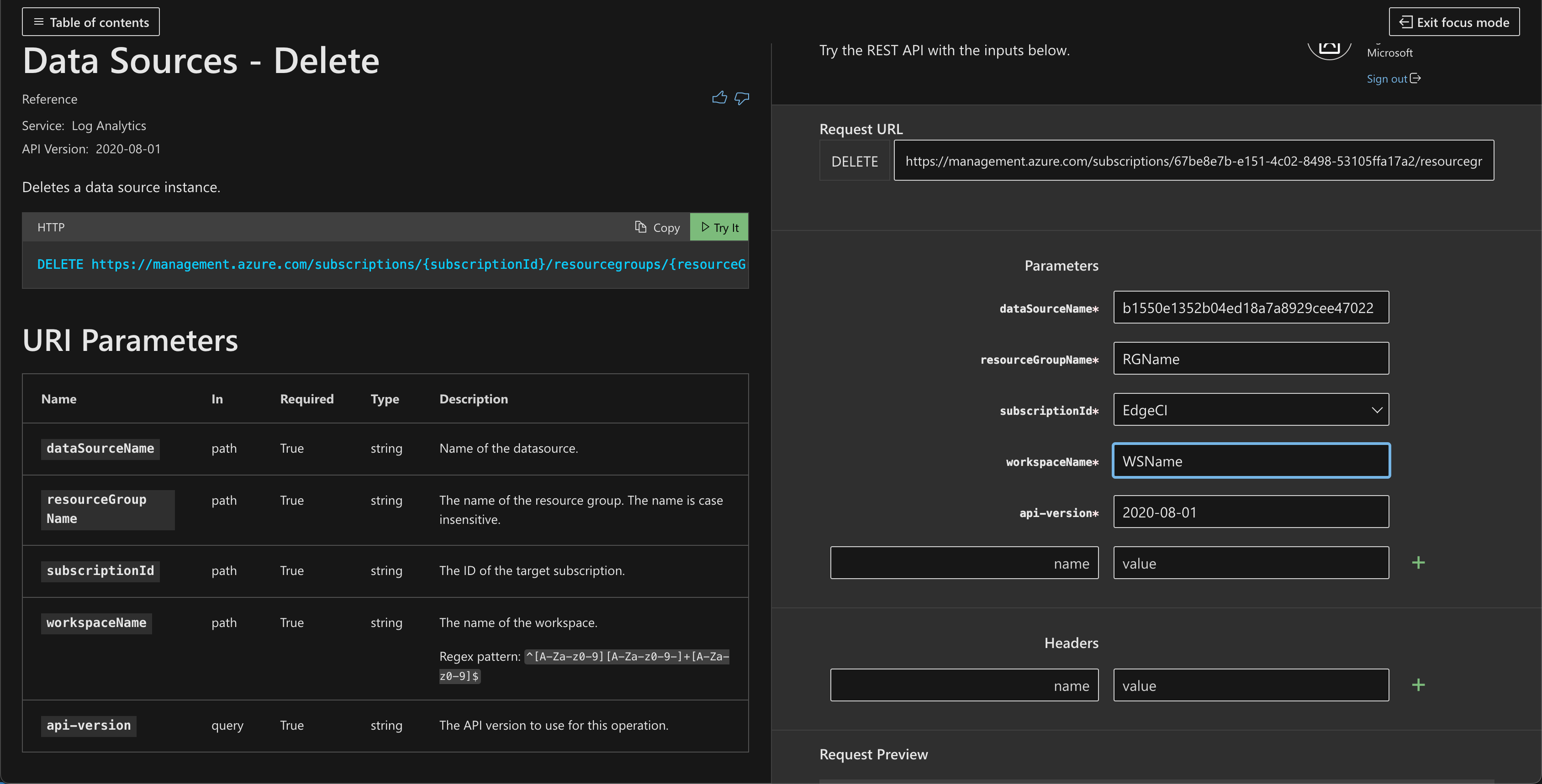 Screenshot: Konfiguration der API zum Löschen von Datenquellen