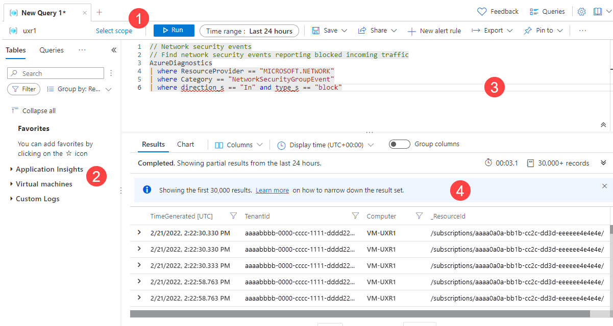Screenshot that shows the Log Analytics interface with four features identified.