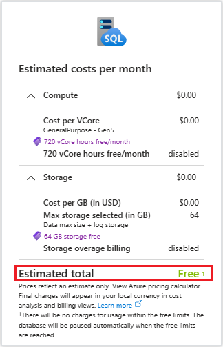 Screenshot der Zusammenfassungskarte der Kosten des kostenlosen Angebots. In den Details enthalten sind „Erste 64 GB Speicher kostenlos“ und „720 vCore-Stunden kostenlos“.