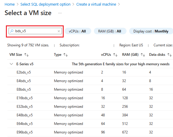 Screenshot: Auswahlseite für die VM-Größe im Azure-Portal.