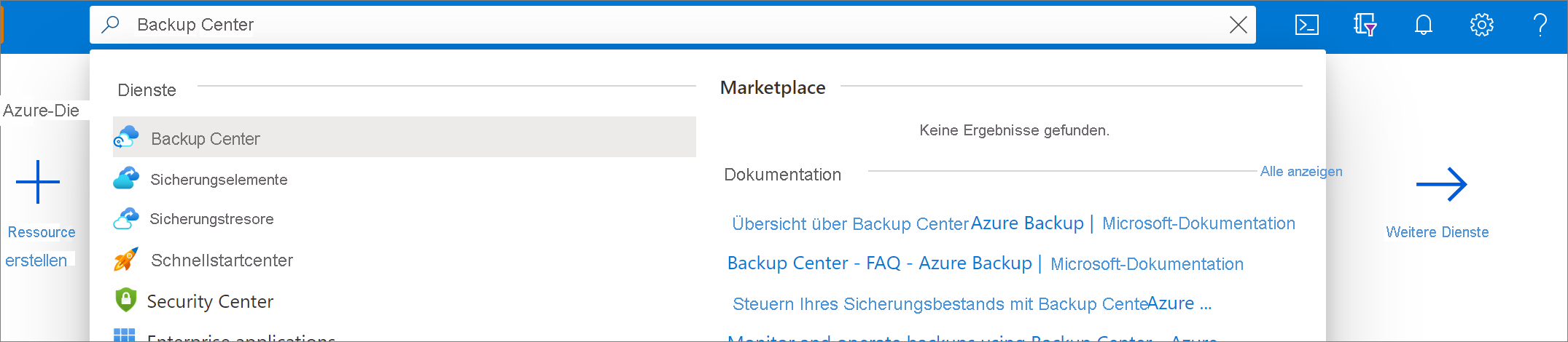 Screenshot showing how to search for Backup center.