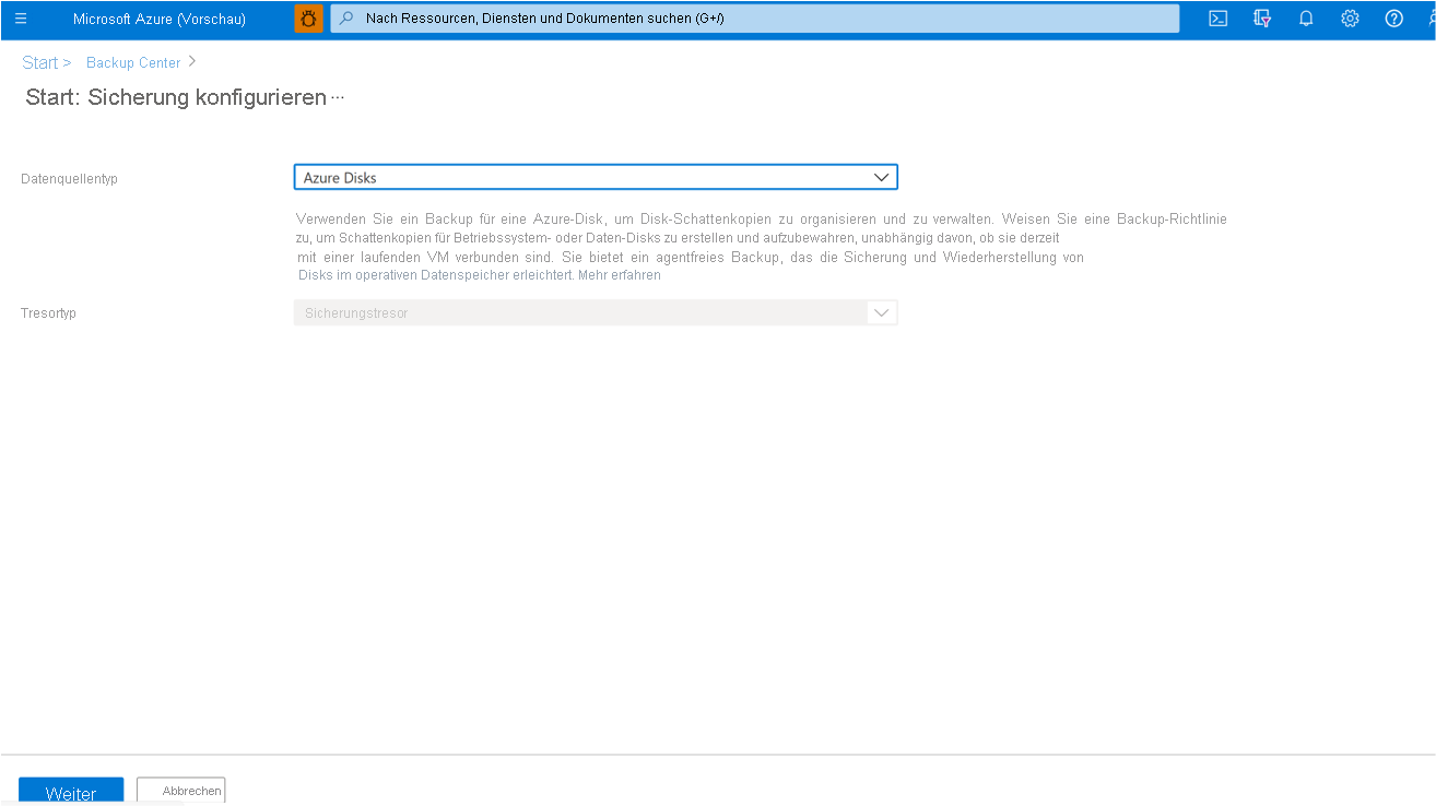 Screenshot: Prozess zum Auswählen von Azure-Datenträgern als Datenschutztyp.