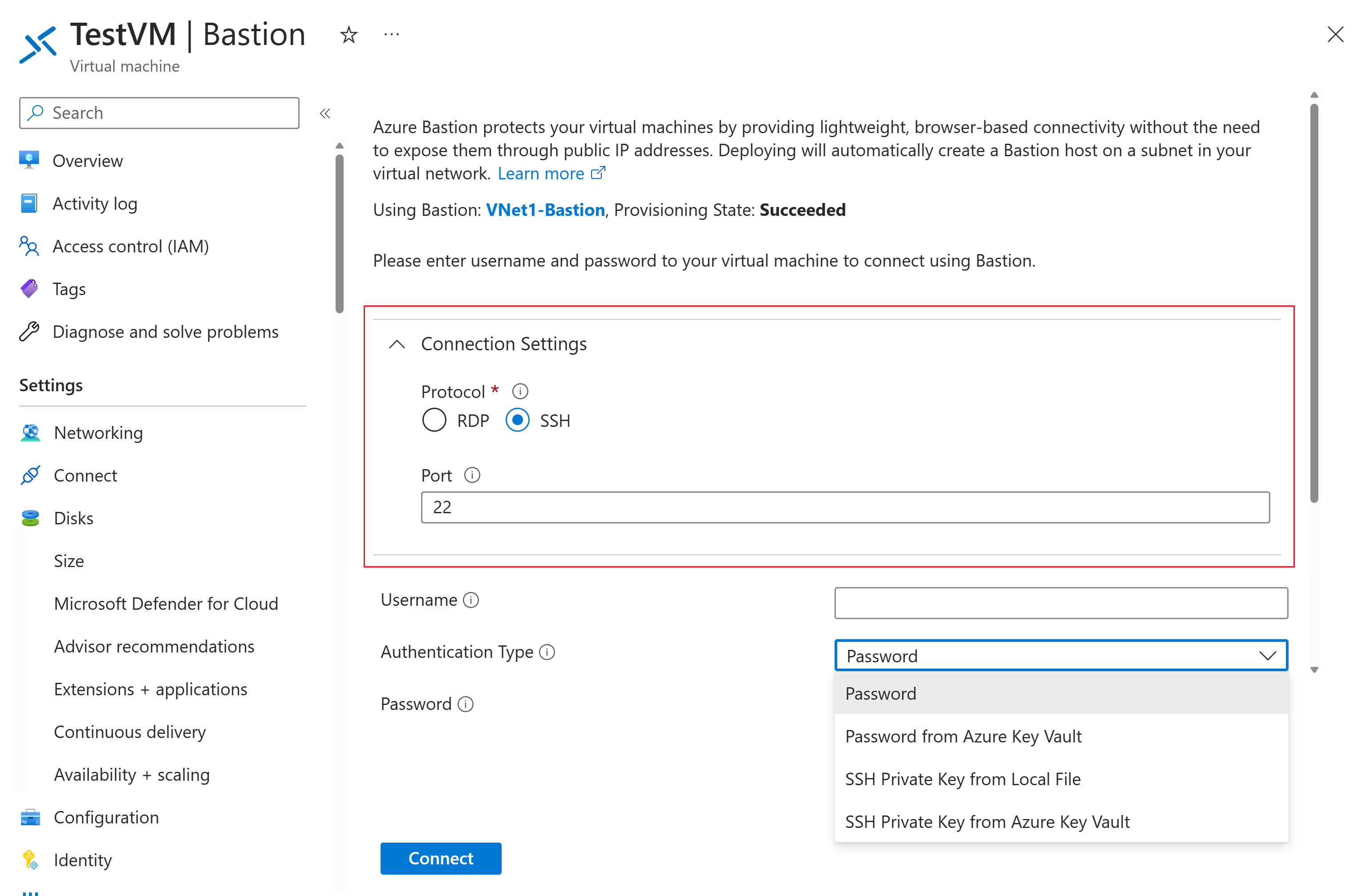Screenshot shows connection settings for the Standard SKU.