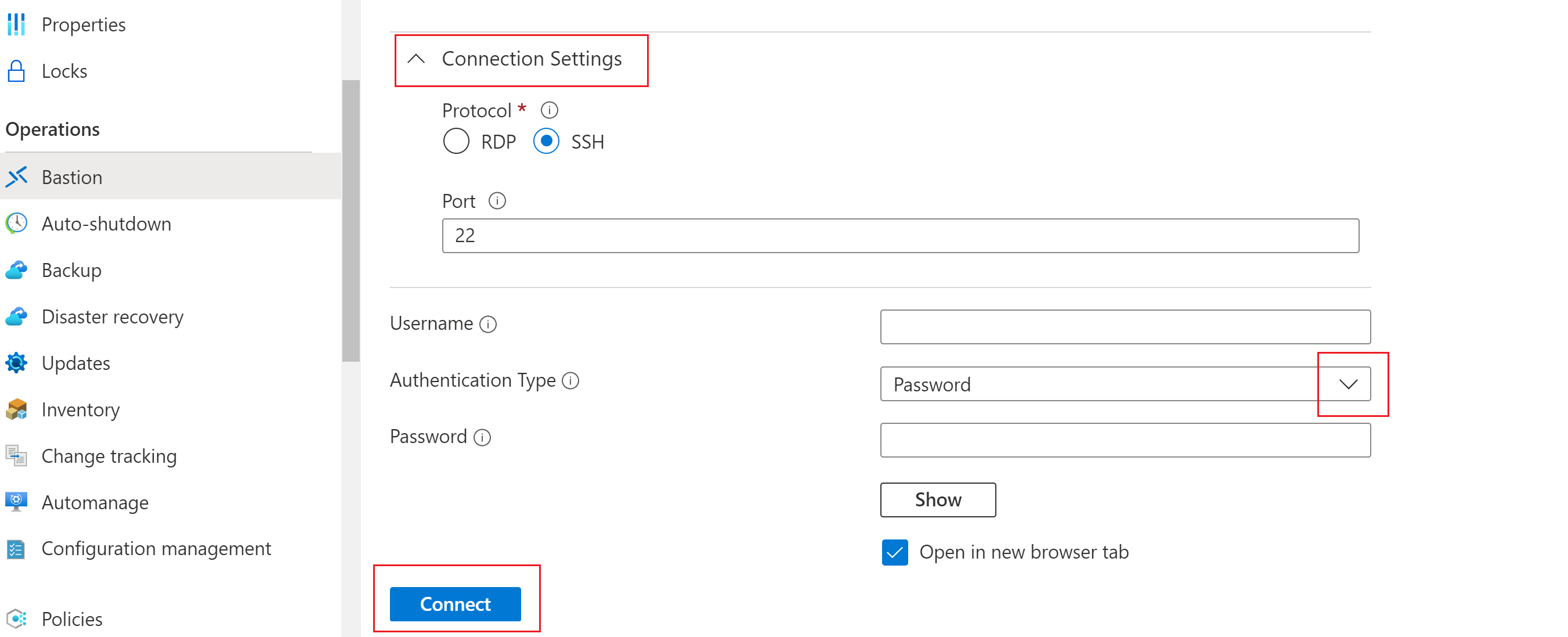 Screenshot shows Password authentication.