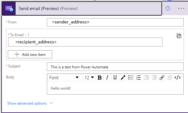 Screenshot: Eingabe für die Aktion „E-Mail senden“ des E-Mail-Connectors von Azure Communication Services.