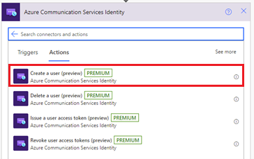Screenshot des Azure Communication Services Identity-Connectors mit der Aktion „Benutzer erstellen“.