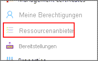 Screenshot: Option „Ressourcenanbieter“ im Navigationsmenü der Ressource