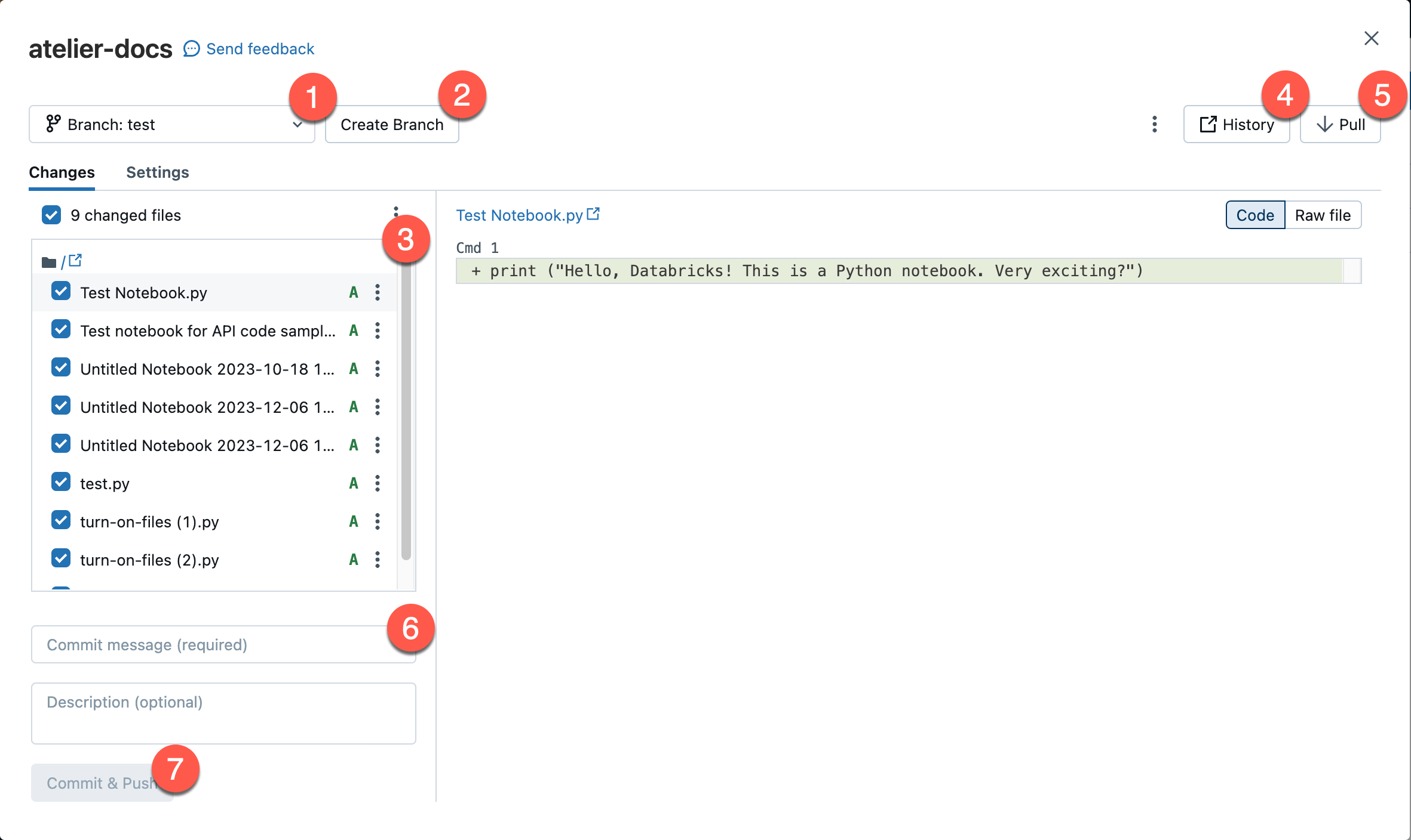 Das Dialogfeld zum Ausführen von Git-Vorgängen in einem Databricks-Arbeitsbereich.