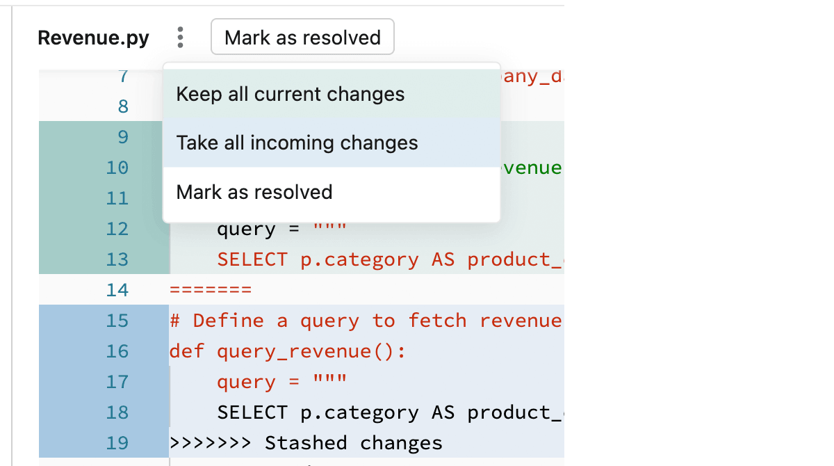 Der Bereich für die Benutzeroberfläche für Databricks-Notebooks mit den Dropdownoptionen für die Lösung von Mergekonflikten