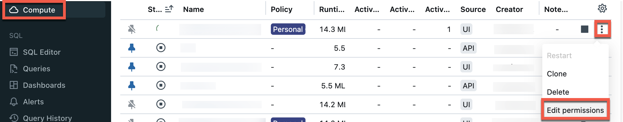 Auswählen von „Compute“ auf der Seitenleiste und anschließendes Auswählen des Optionsmenüs rechts neben der Computeressource des Git-Proxyservers