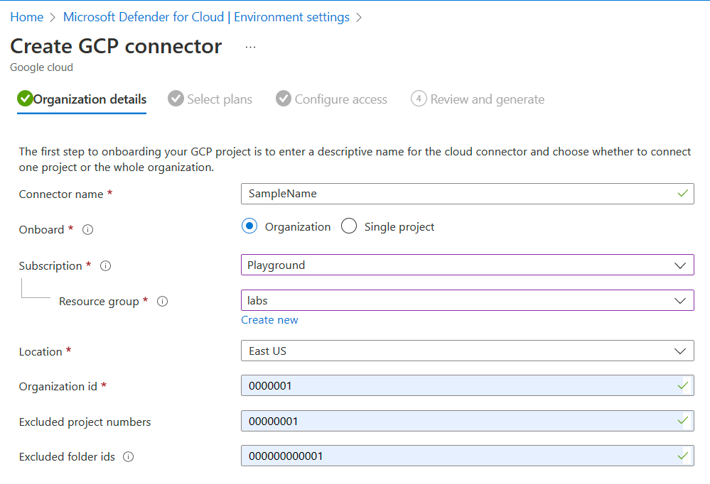 Screenshot der Seite „Organisationsdetails“ des Onboardingprozesses des GCP-Organisation.