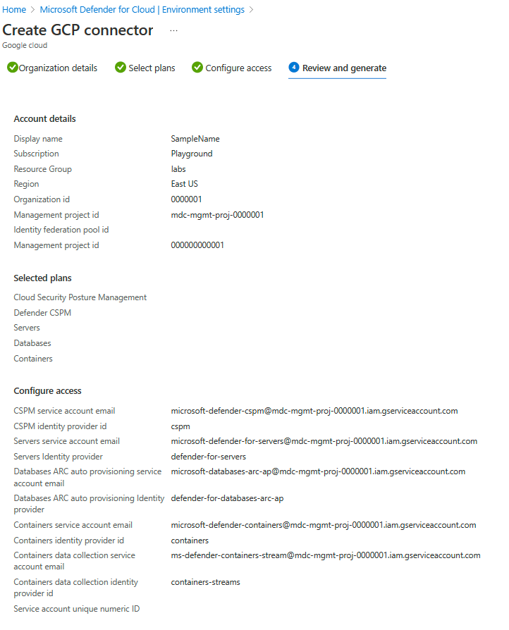 Screenshot des Bildschirms „Überprüfen und generieren“, auf dem alle Ihre Auswahlen für Ihre Organisation aufgeführt sind.