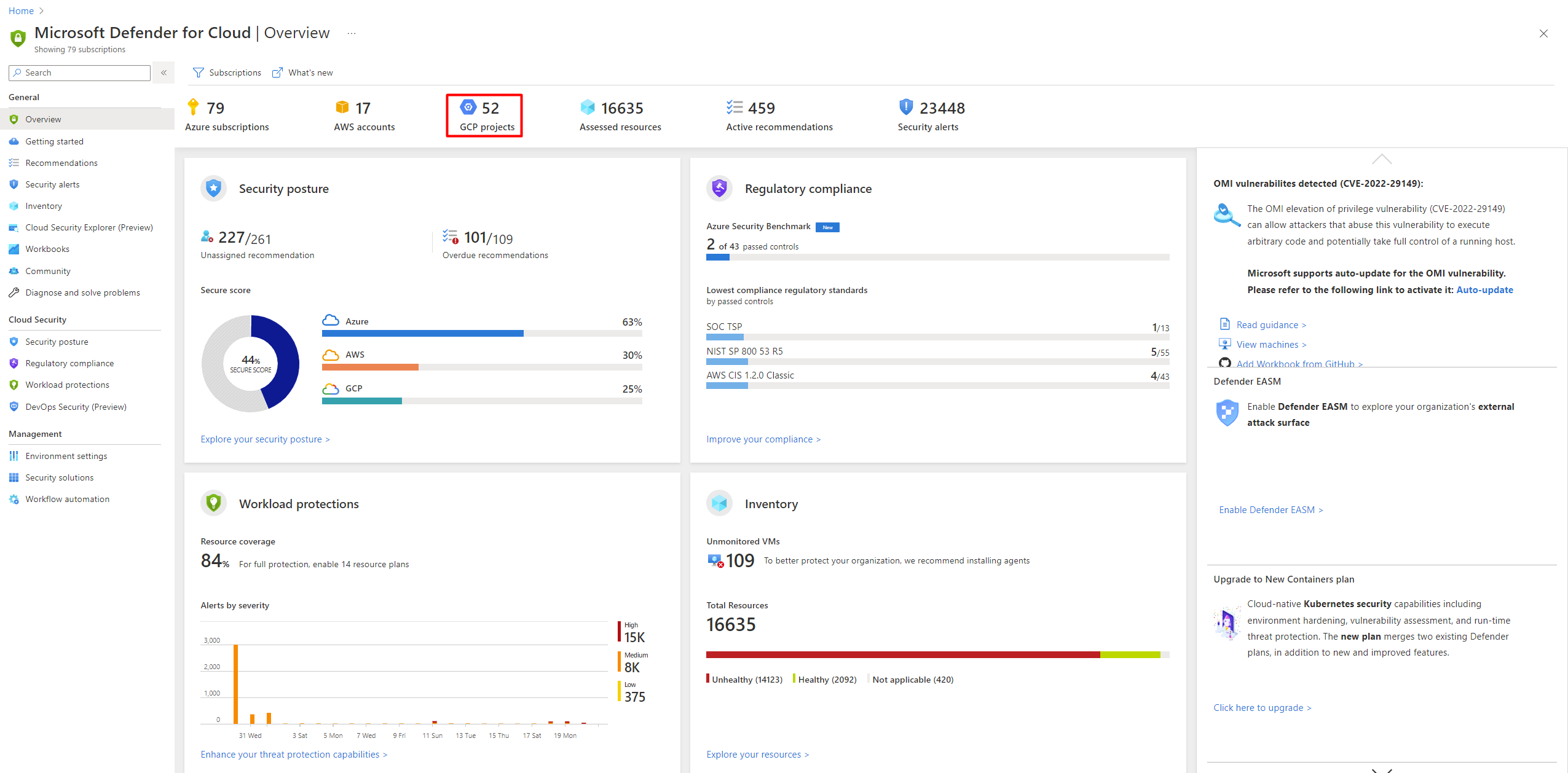 Screenshot: GPC-Projekte, die im Dashboard „Übersicht“ von Defender for Cloud aufgeführt sind.
