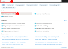 A screenshot showing how to use the search box at the top of the Azure portal to locate the cost management and billing page.