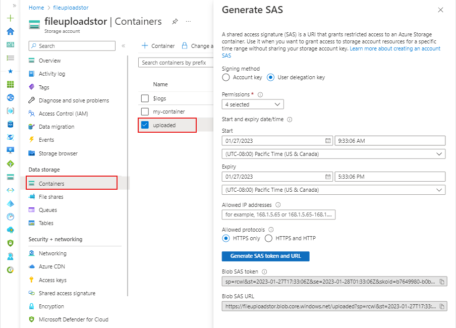 Screenshot: Azure-Portal für Azure Storage zum Konfigurieren des SAS-Diensttokens.