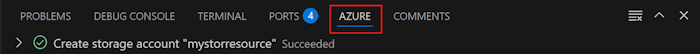 Screenshot of Visual Studio Code showing the Azure Activity Bar and the notification that the storage account was successfully created.