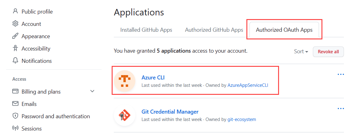 Screenshot showing how to view authorized OAuth Apps for a GitHub account.