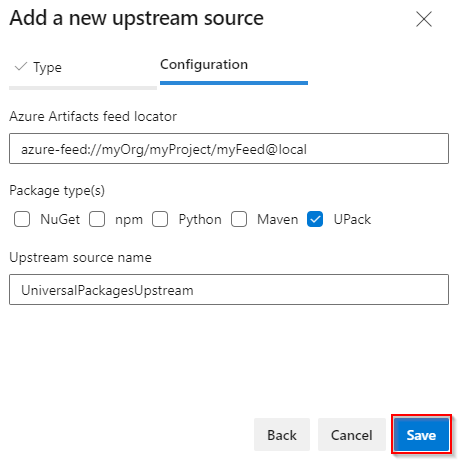 A screenshot showing how to set up a new Universal Packages upstream source with a feed in another organization.