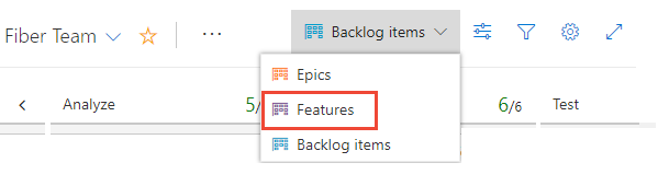 Auswählen der Portfolio Backlog-Ebene, Features oder Epics