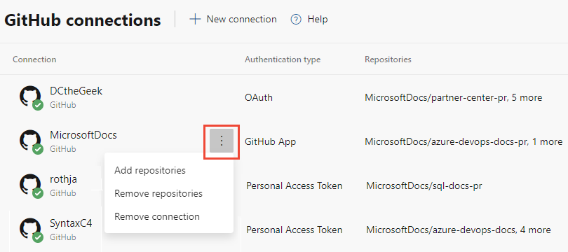 Screenshot of GitHub connection menu of More options.