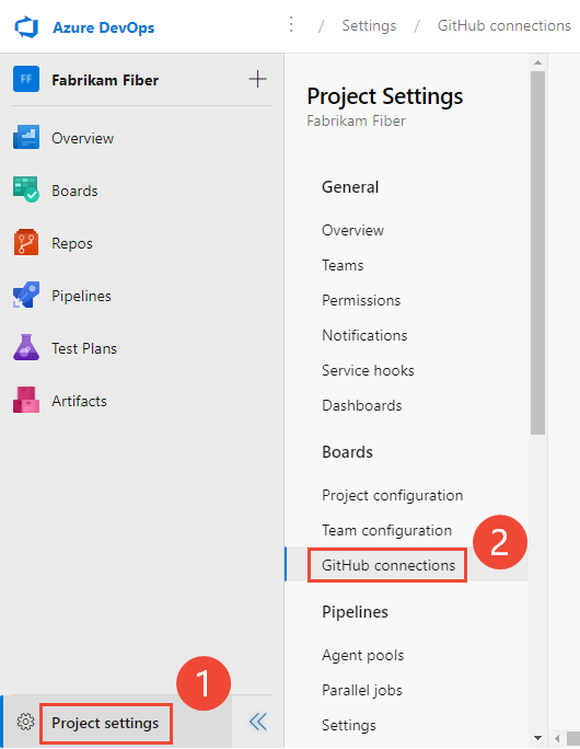 Screenshot: Öffnen von „Projekteinstellungen>GitHub-Verbindungen“