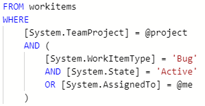 Screenshot eines logischen Ausdrucks Ein AND-Operator gruppiert die Felder Arbeitselementtyp, Zustand und Zugewiesen. Ein OR-Operator gruppiert die Felder State und Assigned to.