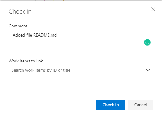 Screenshot of Check-in README file dialog.