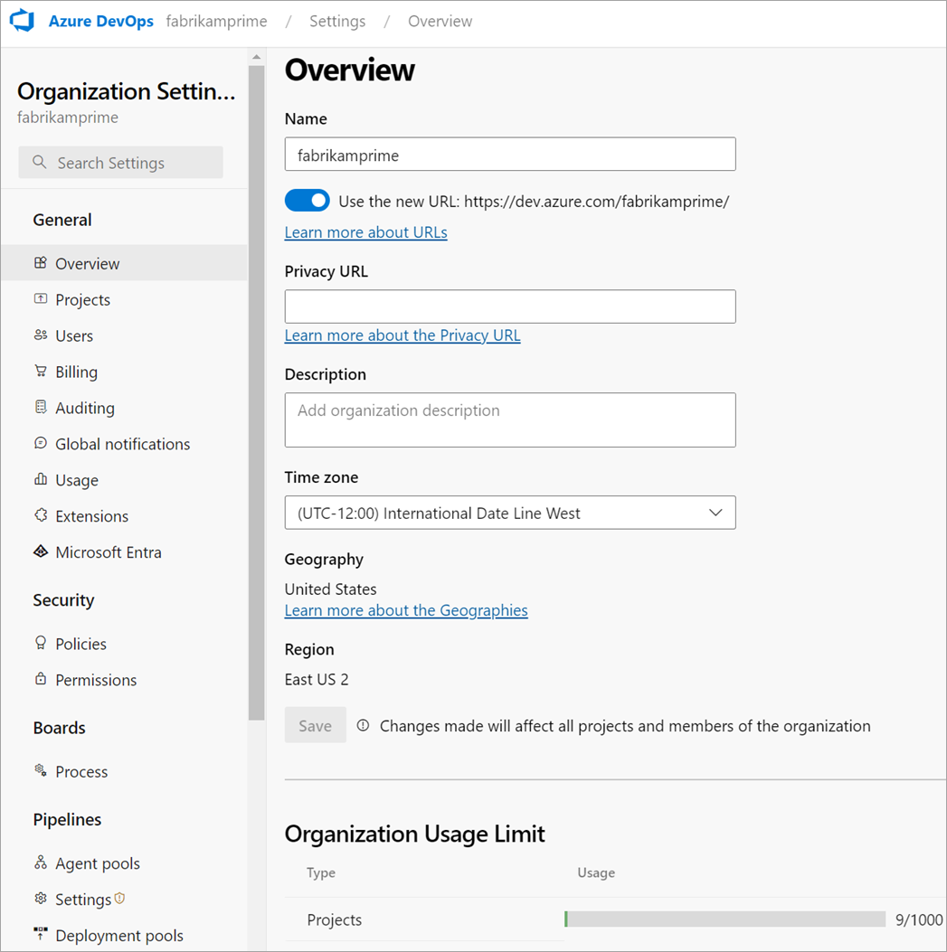 Screenshot der Optionen für Organisationseinstellungen, Cloud.