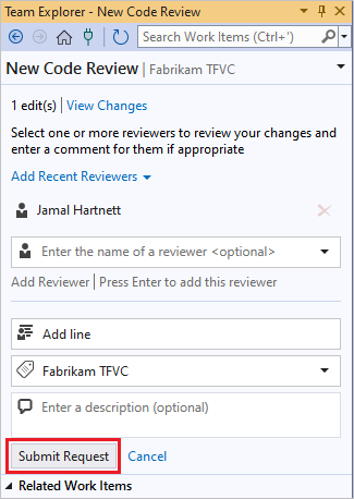 Screenshot: Schaltfläche „Anforderung übermitteln“ und ausgefüllte Seite „Neuer Code Review“ in Team Explorer.
