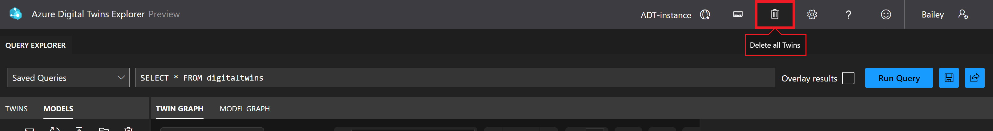Screenshot des Azure Digital Twins-Explorers. Das Symbol „Alle Zwillinge löschen“ ist ausgewählt.