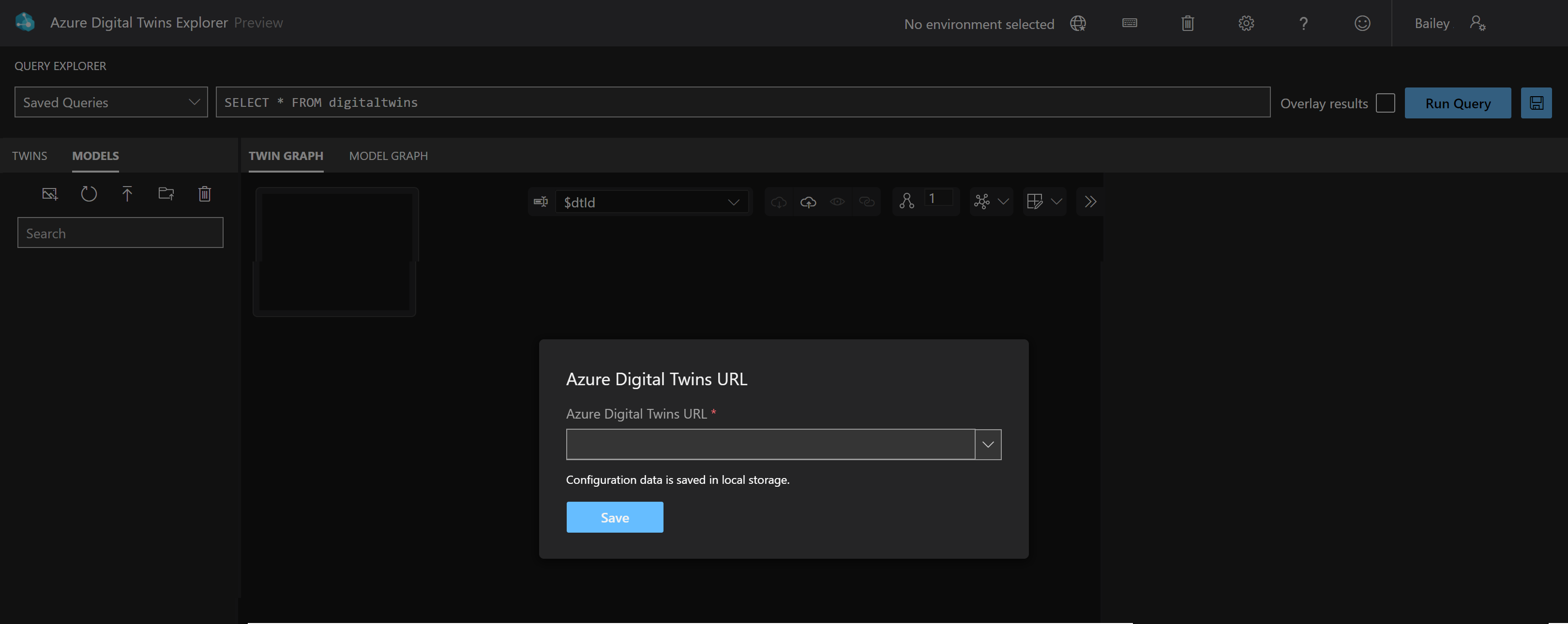Screenshot: Azure Digital Twins-Explorer. Das modale Dialogfeld „Azure Digital Twins-URL“ zeigt ein leeres bearbeitbares Feld für die Azure Digital Twins-URL an.
