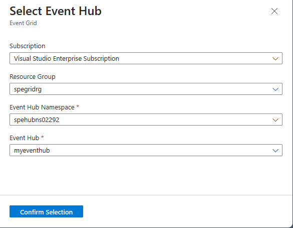 Screenshot der Seite „Event Hub auswählen“.
