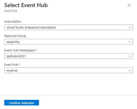 Screenshot der Seite „Event Hub auswählen“.