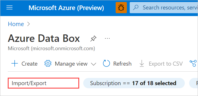 Screenshot, der zeigt, wie Data Box-Ressourcen im Azure-Portal gefiltert werden können, um Import-/Exportaufträge anzuzeigen. Das Suchfeld ist hervorgehoben.
