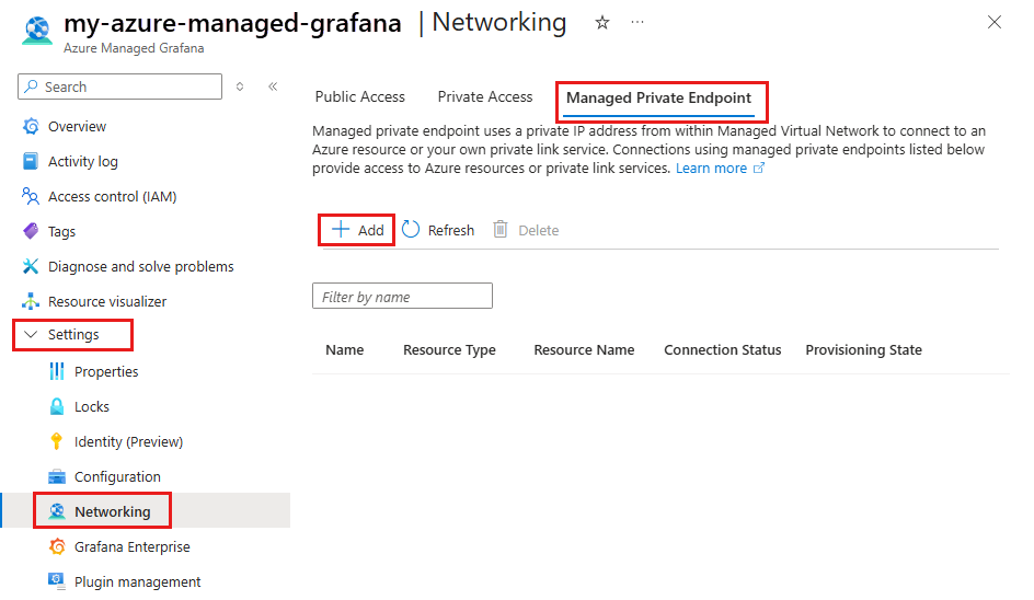 Screenshot der Erstellung eines verwalteten privaten Endpunkts im Azure-Portal