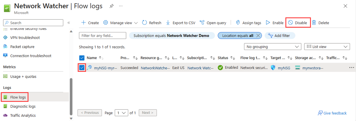 Screenshot: Deaktivieren eines Datenflussprotokolls im Azure-Portal.