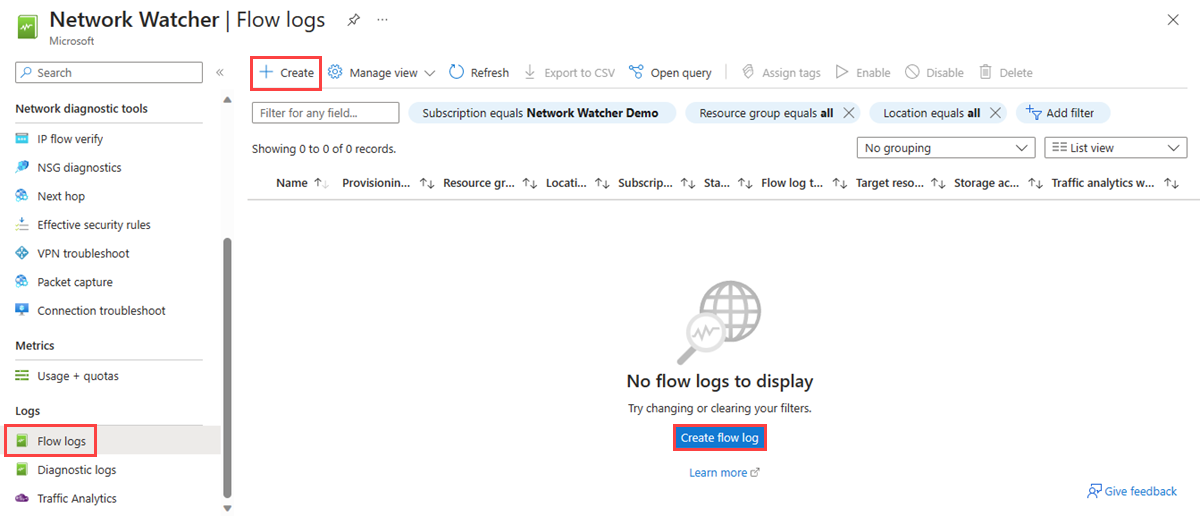 Screenshot der Seite „Datenflussprotokolle“ im Azure-Portal.